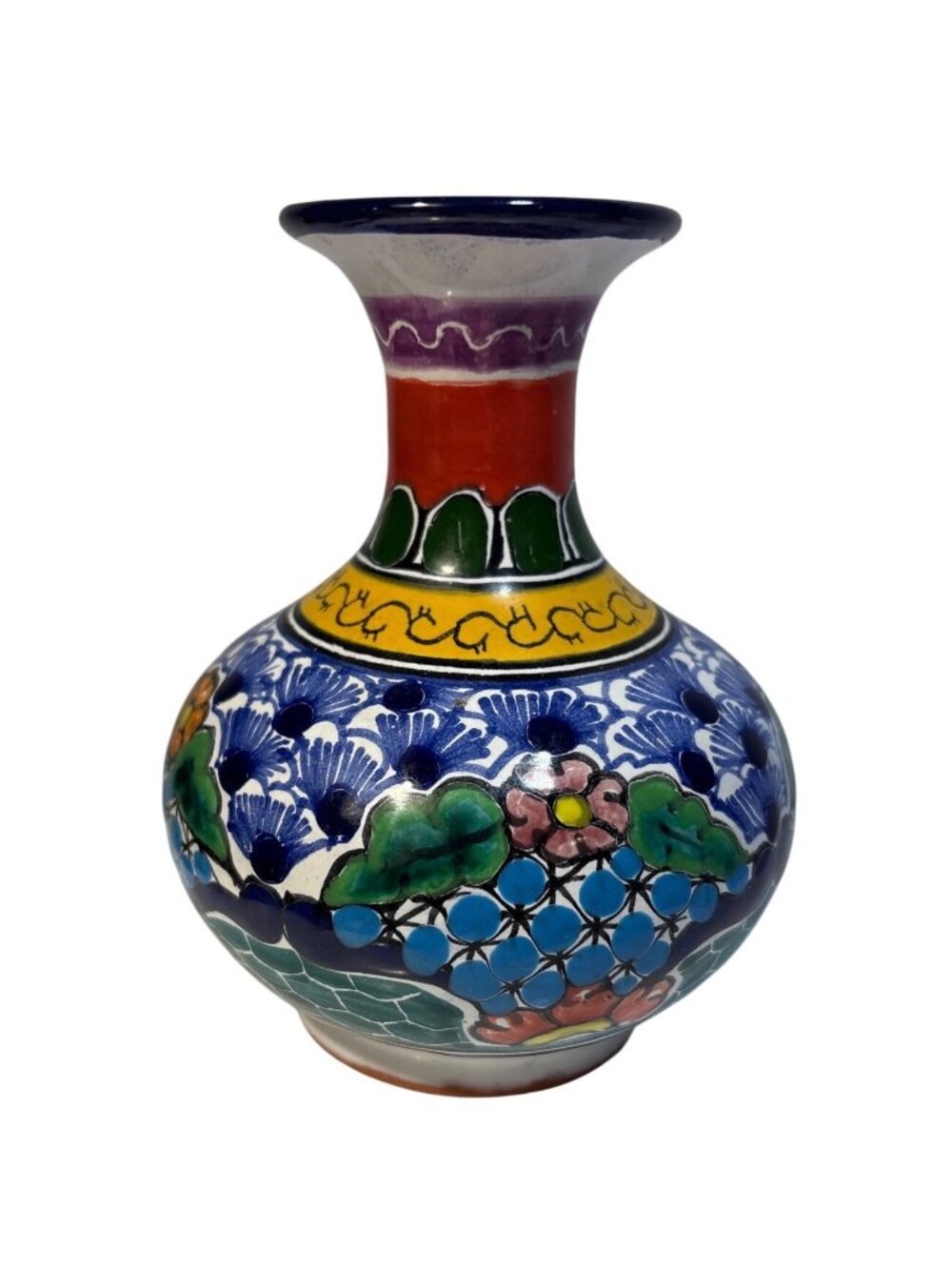 Mexican Talavera Ceramic Vase 5.5" Floral & Geometric Multicolor Signed Bulb